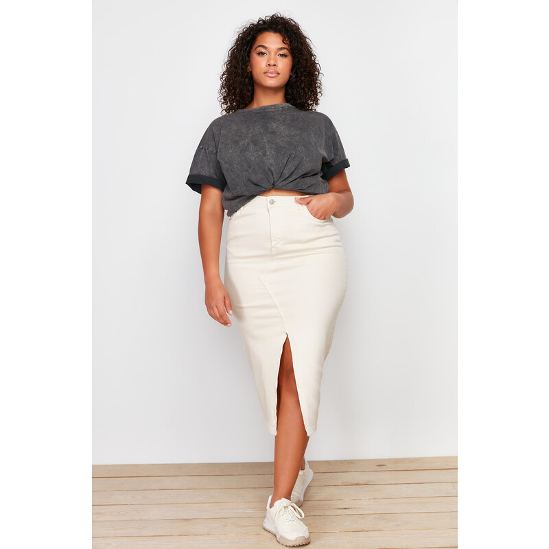 Trendyol Curve Ecru Front Slit Detailed Midi Denim Skirt