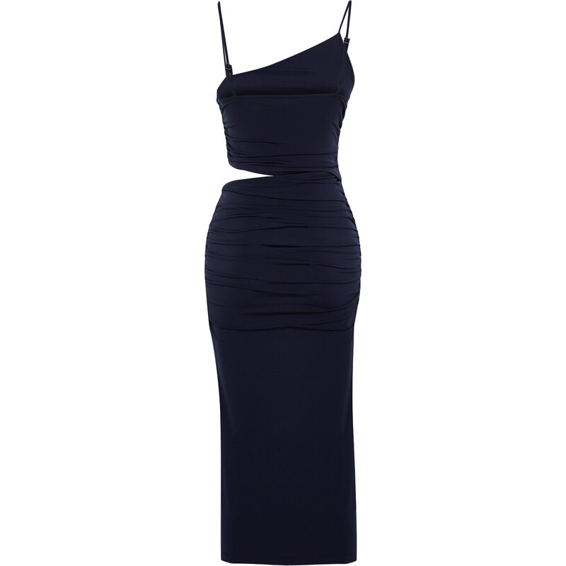 Trendyol Navy Blue Cut Out Fitted Stretch Knitted Midi Dress with Slit