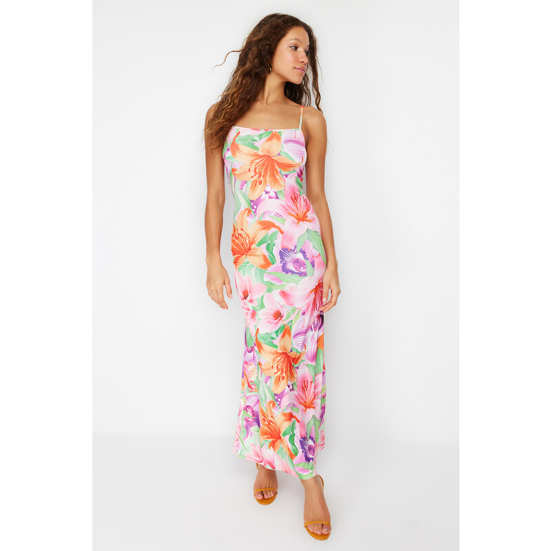 Trendyol Multi Color Floral Bodycone/Sleeping Strap Maxi Stretchy Knitted Maxi Dress