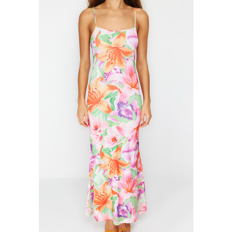 Trendyol Multi Color Floral Bodycone/Sleeping Strap Maxi Stretchy Knitted Maxi Dress