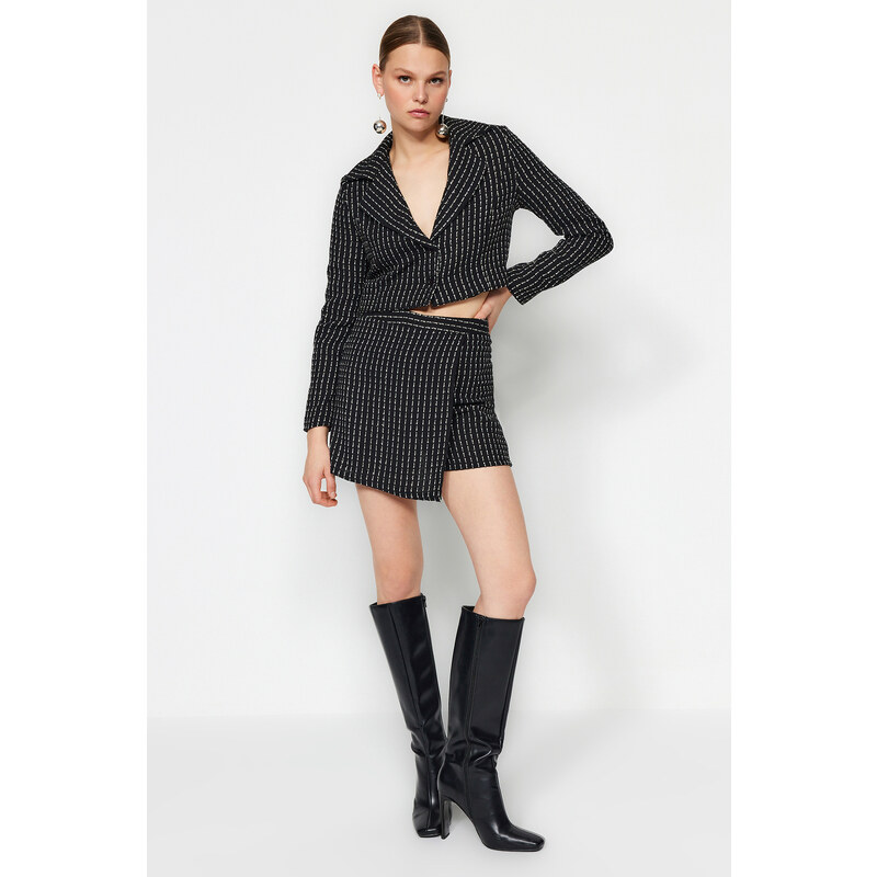 Trendyol Black Crop Silvery Tweed Woven Blazer Jacket