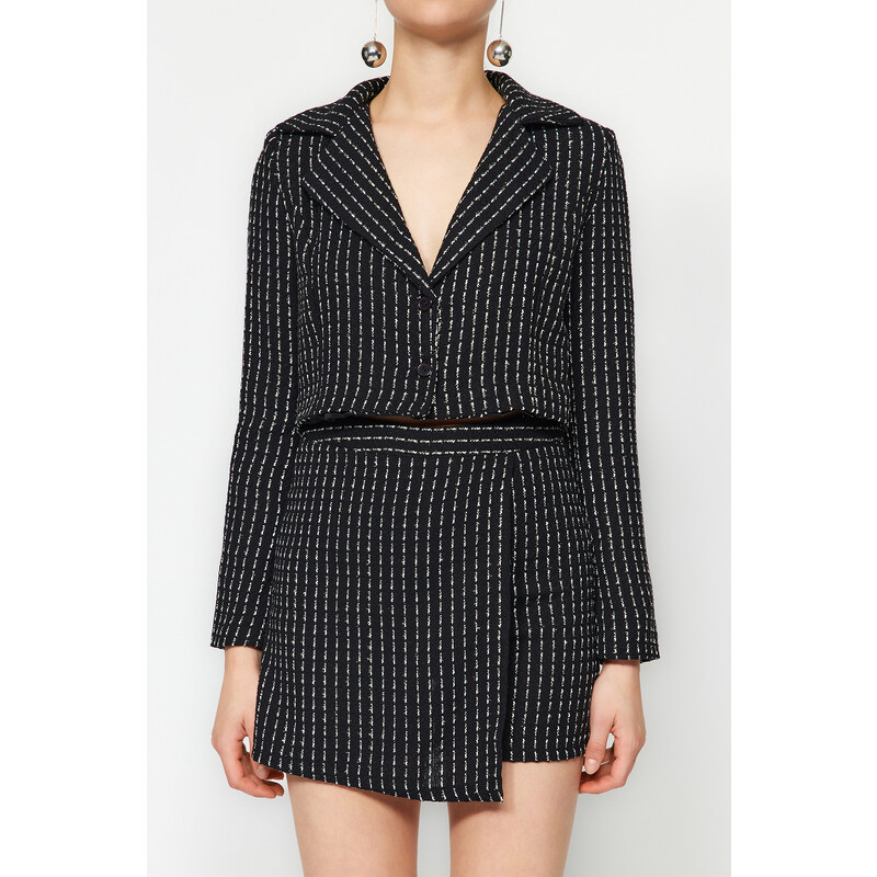 Trendyol Black Crop Silvery Tweed Woven Blazer Jacket