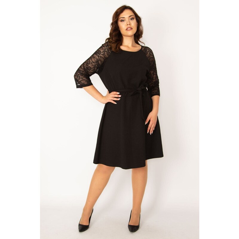 Şans Women's Plus Size Black Dress With Lace Belted Sleeves