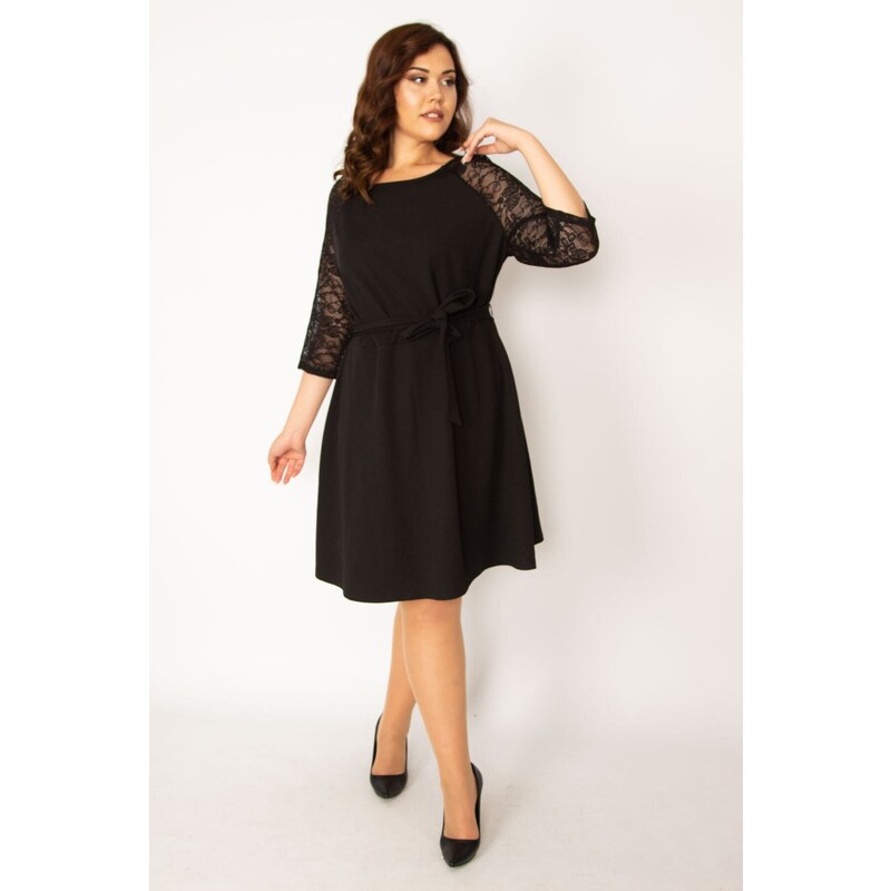 Şans Women's Plus Size Black Dress With Lace Belted Sleeves