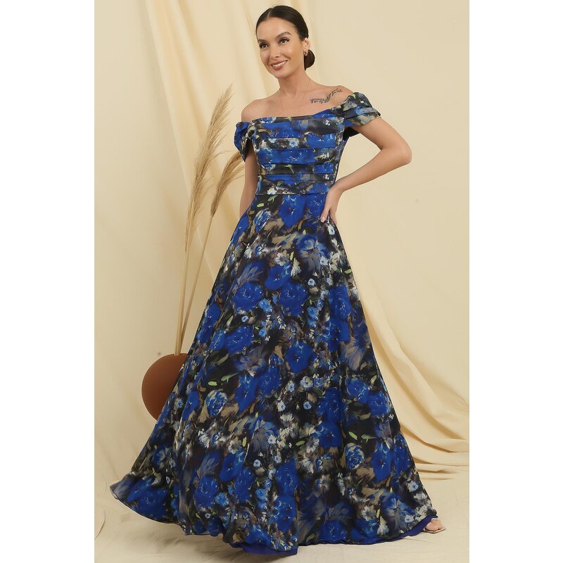 By Saygı Madonna Collar Front Draped Lined Floral Pattern Long Chiffon Dress