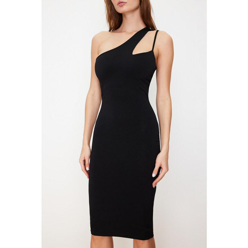 Trendyol Black One Sleeve Fitted Midi Stretchy Knitted Midi Dress