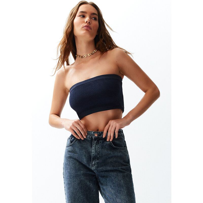 Trendyol Navy Plain Strapless Neck Super Crop Knitted Blouse