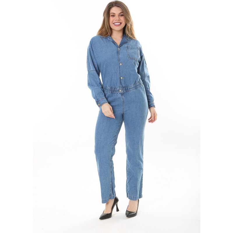 Şans Women's Plus Size Blue Front Buttoned Waist Elastic Detailed Chest And Back Pocket Denim Jumpsuit