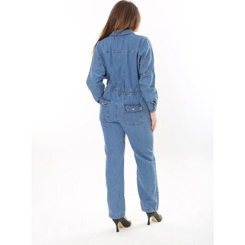 Şans Women's Plus Size Blue Front Buttoned Waist Elastic Detailed Chest And Back Pocket Denim Jumpsuit