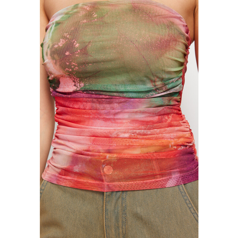 Trendyol Multi Color Strapless Lined Draped Tulle Knitted Blouse