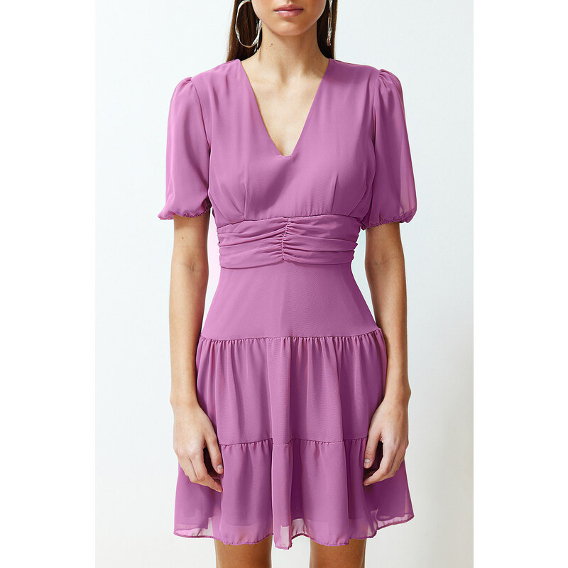 Trendyol Pink Waist Flounce Chiffon Lined Mini Woven Dress