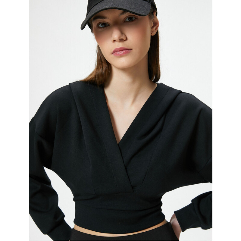 Koton Modal Fabric Crop Hooded Sweatshirt Double Breasted V Neck
