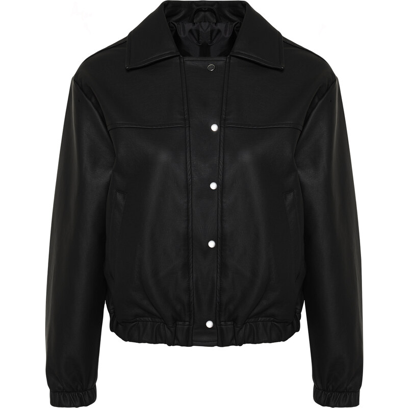 Trendyol Black Oversize Faux Leather Bomber Jacket Coat