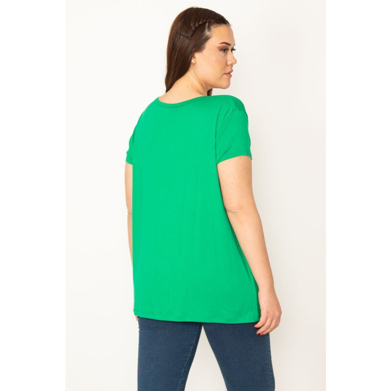 Şans Women's Plus Size Green V-Neck Short Sleeve Blouse