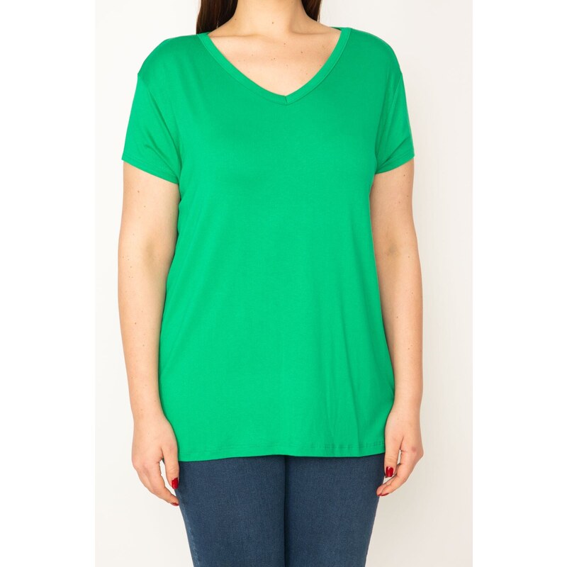 Şans Women's Plus Size Green V-Neck Short Sleeve Blouse