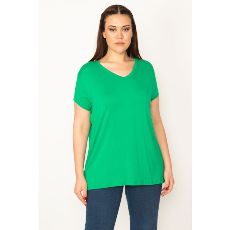 Şans Women's Plus Size Green V-Neck Short Sleeve Blouse