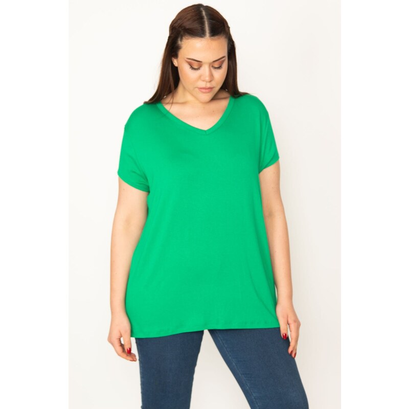 Şans Women's Plus Size Green V-Neck Short Sleeve Blouse