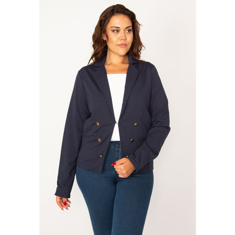 Şans Women's Plus Size Navy Blue Classic Coat with Clip-on Closure and Ornamental Metal Buttons.