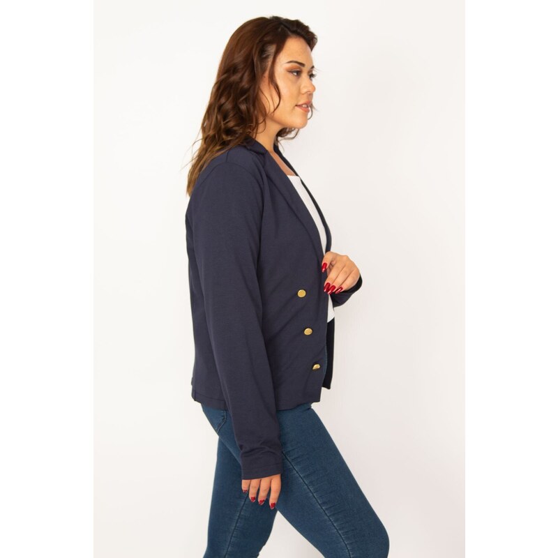 Şans Women's Plus Size Navy Blue Classic Coat with Clip-on Closure and Ornamental Metal Buttons.