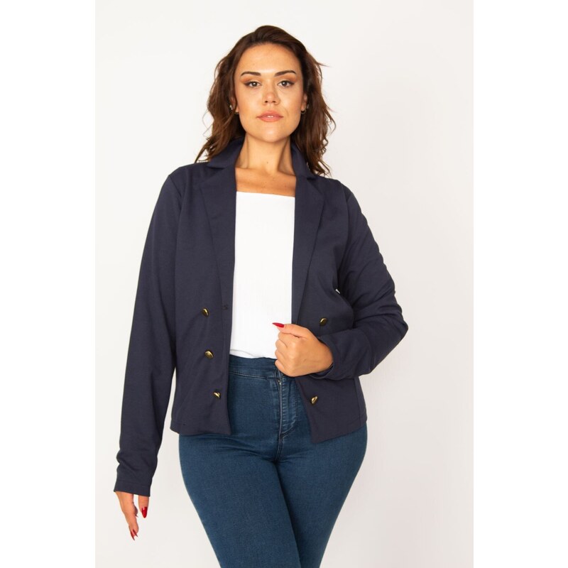 Şans Women's Plus Size Navy Blue Classic Coat with Clip-on Closure and Ornamental Metal Buttons.
