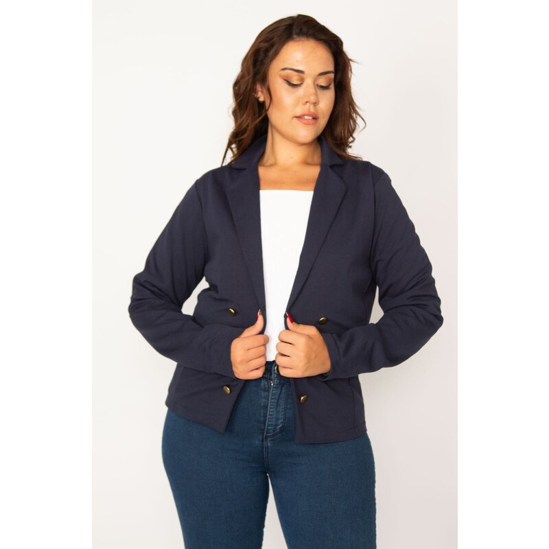 Şans Women's Plus Size Navy Blue Classic Coat with Clip-on Closure and Ornamental Metal Buttons.