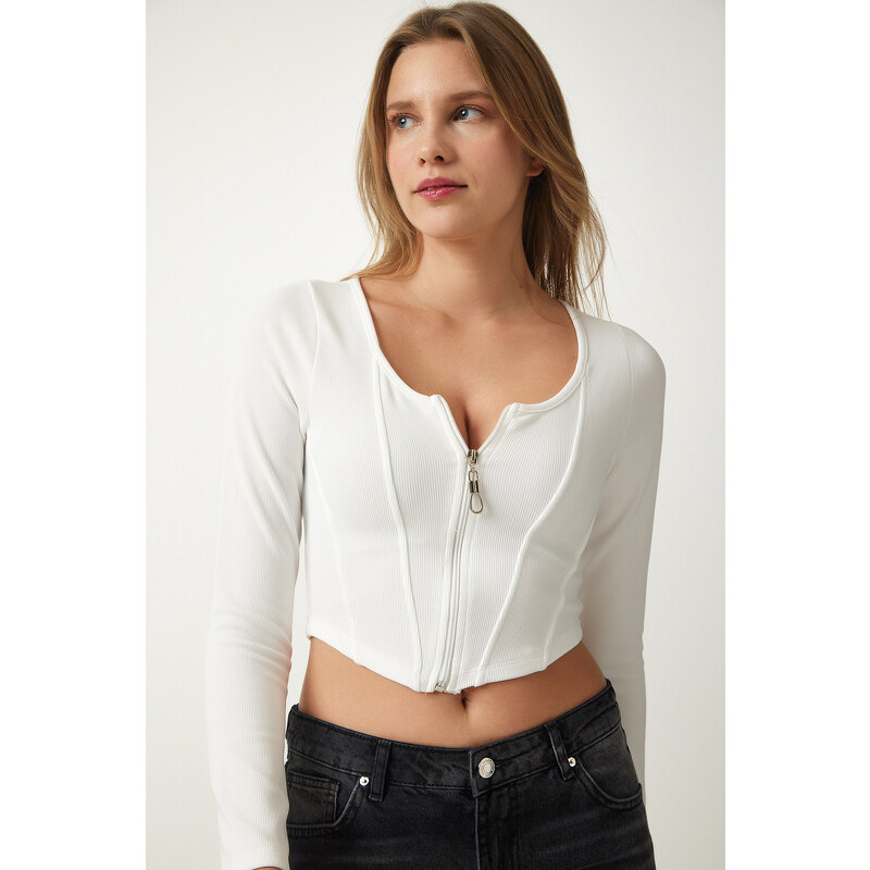 Happiness İstanbul Women's White Zipper Ribbed Crop Blouse