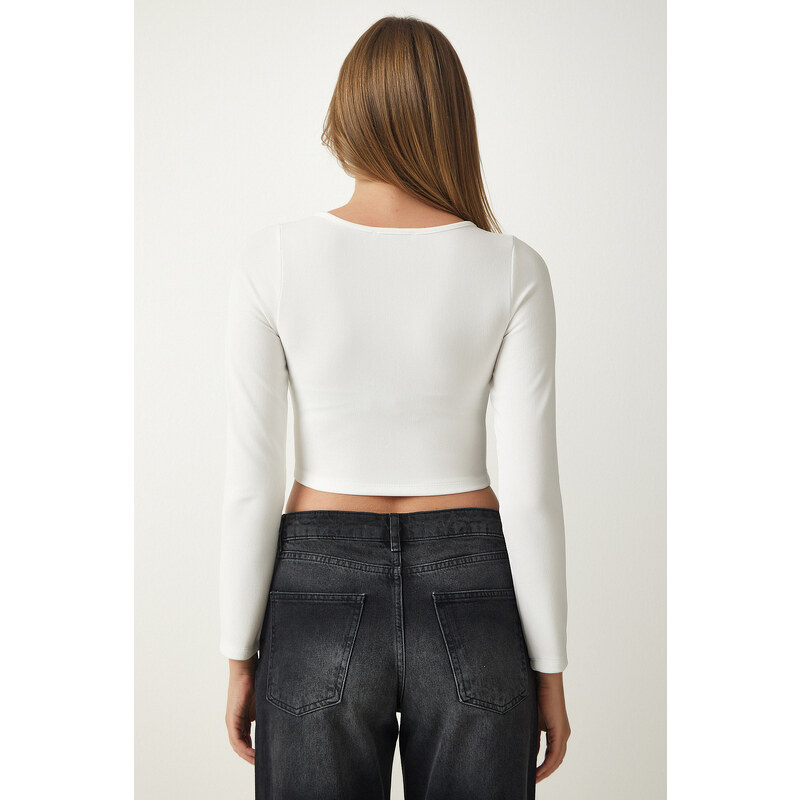 Happiness İstanbul Women's White Zipper Ribbed Crop Blouse