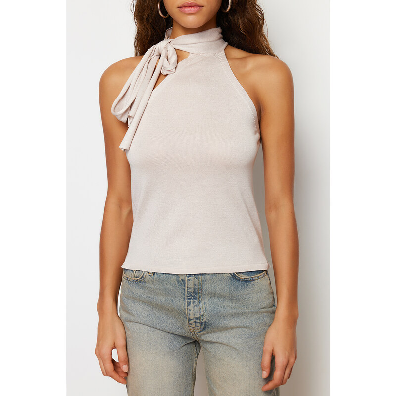 Trendyol Asymmetrical Laced Knitwear Blouse with Stone Neck