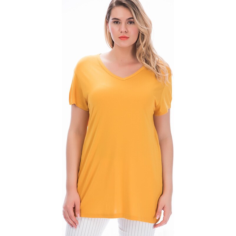 Şans Women's Plus Size Mustard Viscose V-Neck Blouse