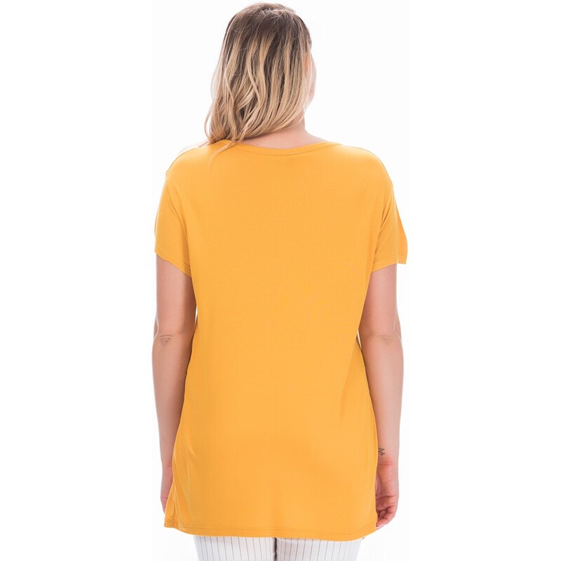 Şans Women's Plus Size Mustard Viscose V-Neck Blouse