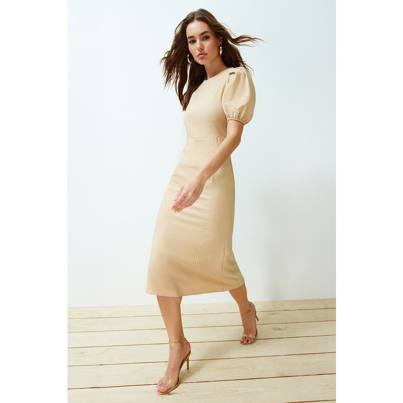 Trendyol Stone Body Wrap Midi Woven Balloon Sleeve Dress