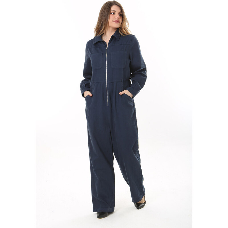 Şans Women's Plus Size Navy Blue Front Zippered 4 Pockets Back Waist Belt Elastic Denim Jumpsuit