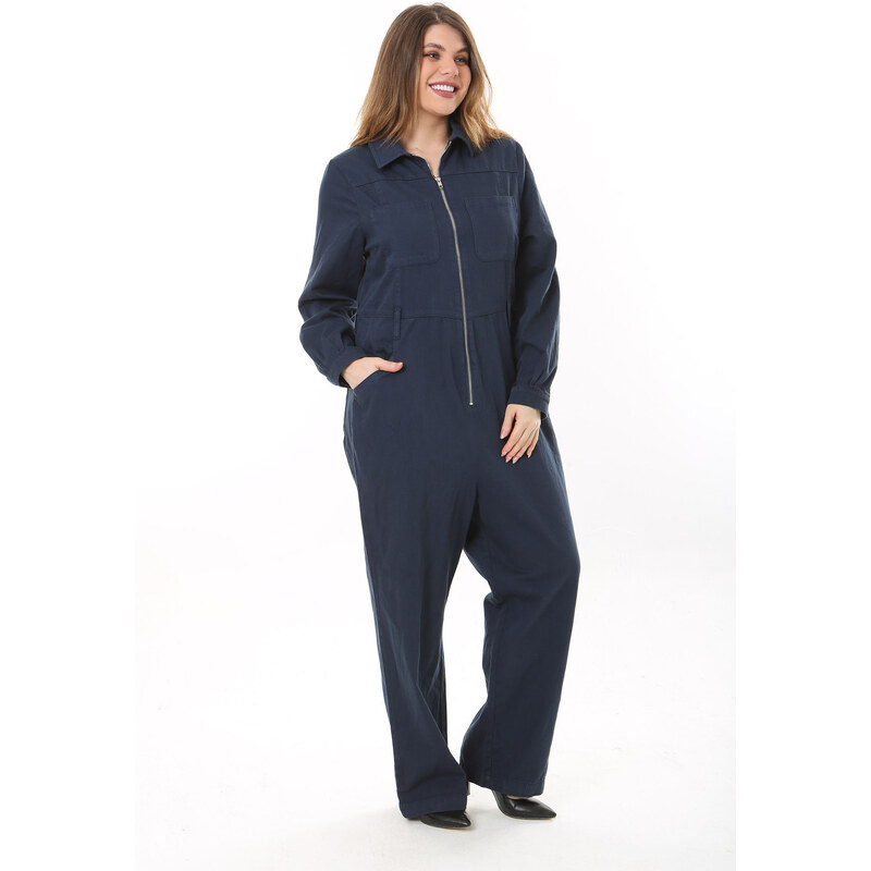 Şans Women's Plus Size Navy Blue Front Zippered 4 Pockets Back Waist Belt Elastic Denim Jumpsuit