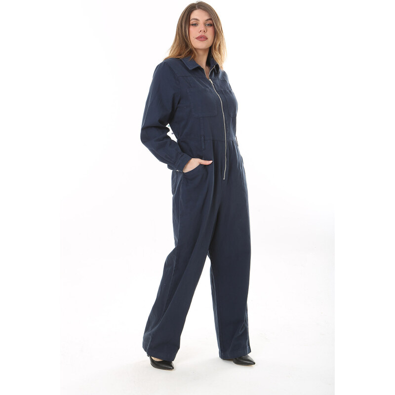 Şans Women's Plus Size Navy Blue Front Zippered 4 Pockets Back Waist Belt Elastic Denim Jumpsuit