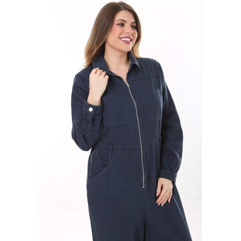 Şans Women's Plus Size Navy Blue Front Zippered 4 Pockets Back Waist Belt Elastic Denim Jumpsuit