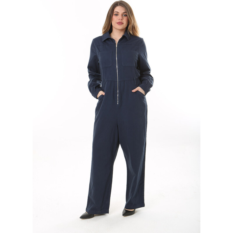 Şans Women's Plus Size Navy Blue Front Zippered 4 Pockets Back Waist Belt Elastic Denim Jumpsuit