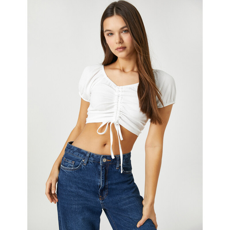 Koton Crop T-Shirt Balloon Sleeves Shirred Detail V-Neck