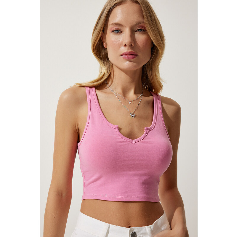 Happiness İstanbul Women's Pink Strap Crop Knitted Blouse
