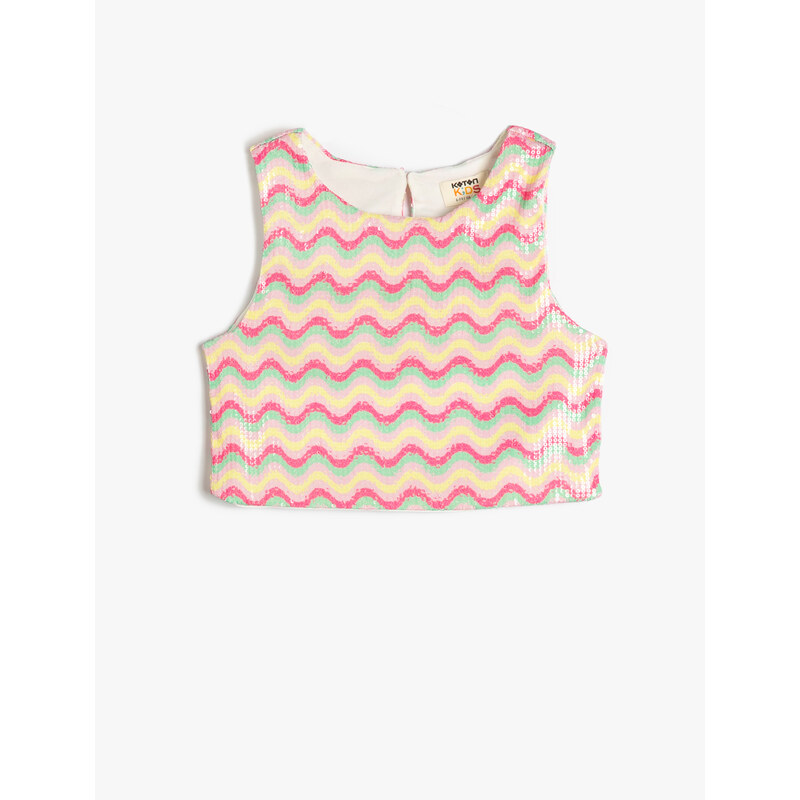 Koton Crop Top Sequin Embellished Sleeveless Round Neck