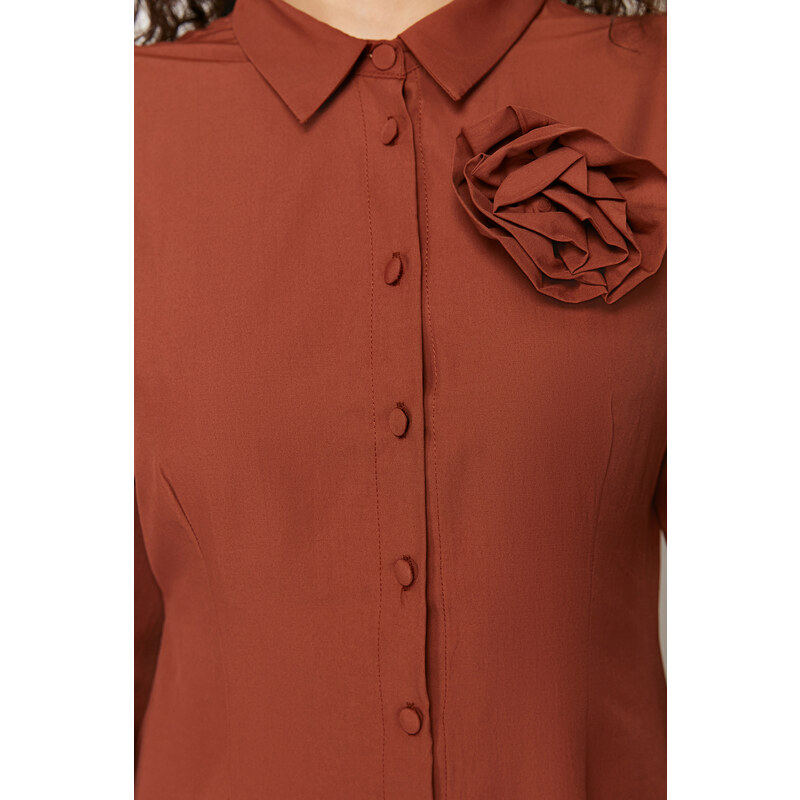 Trendyol Brown Floral Detailed Woven Shirt Dress