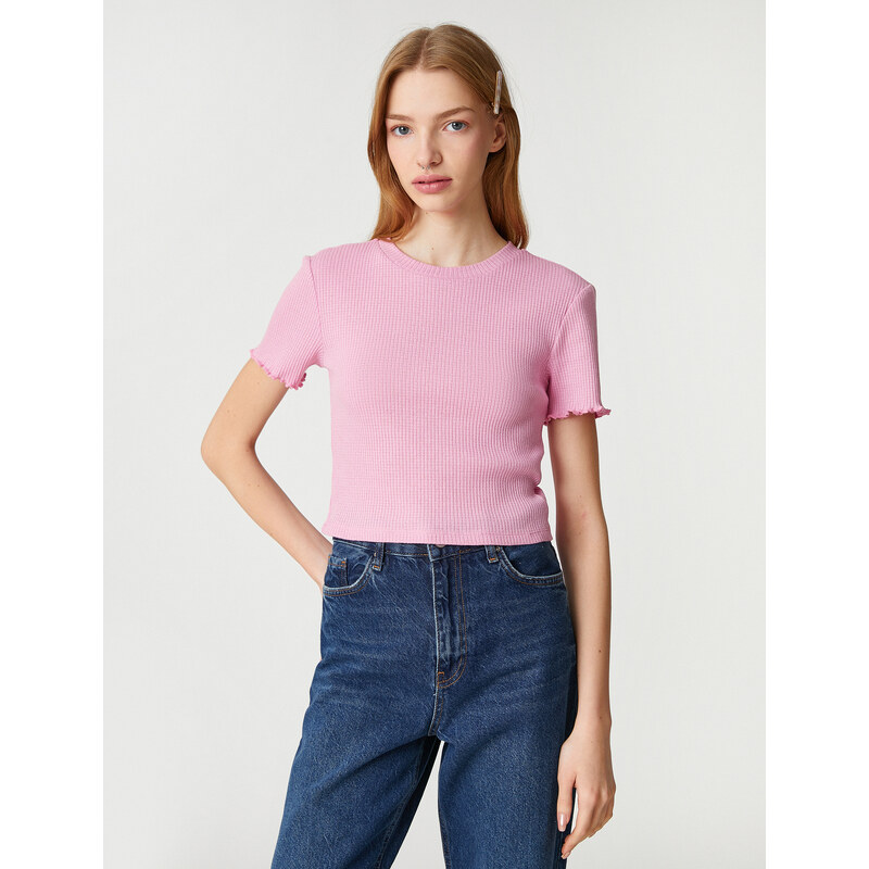 Koton Crop T-Shirt Short Sleeves Crew Neck Textured