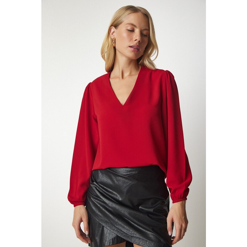 Happiness İstanbul Women's Red V-Neck Crepe Blouse