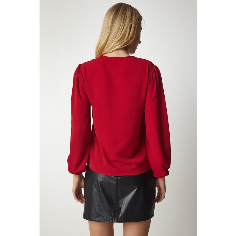 Happiness İstanbul Women's Red V-Neck Crepe Blouse