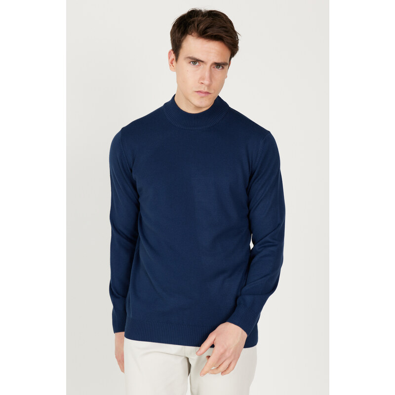 ALTINYILDIZ CLASSICS Men's Dark Blue Anti-Pilling Anti-Pilling Standard Fit Half Turtleneck Knitwear Sweater