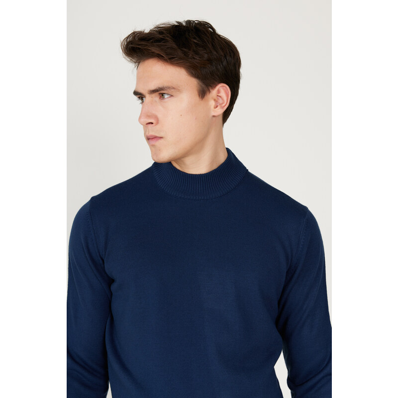 ALTINYILDIZ CLASSICS Men's Dark Blue Anti-Pilling Anti-Pilling Standard Fit Half Turtleneck Knitwear Sweater