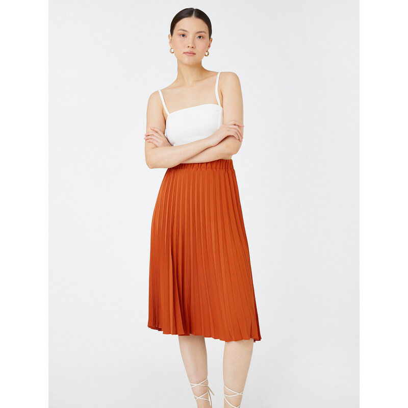 Koton Pleated Midi Length Skirt with Elastic Waist