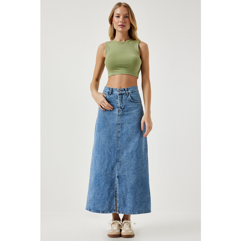 Happiness İstanbul Women's Light Blue Slit Long Denim Skirt