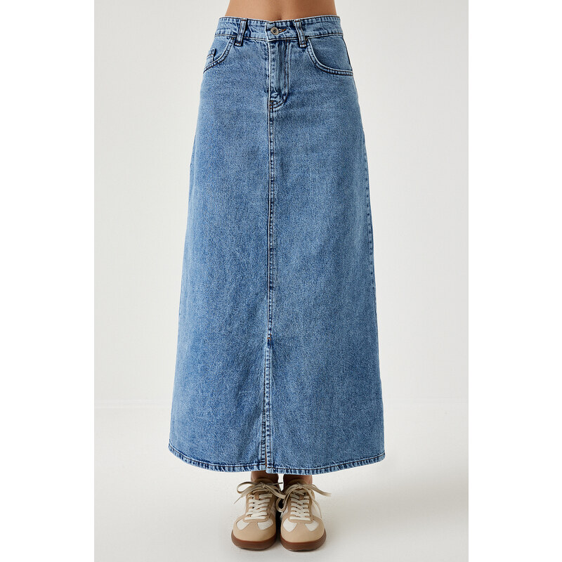 Happiness İstanbul Women's Light Blue Slit Long Denim Skirt