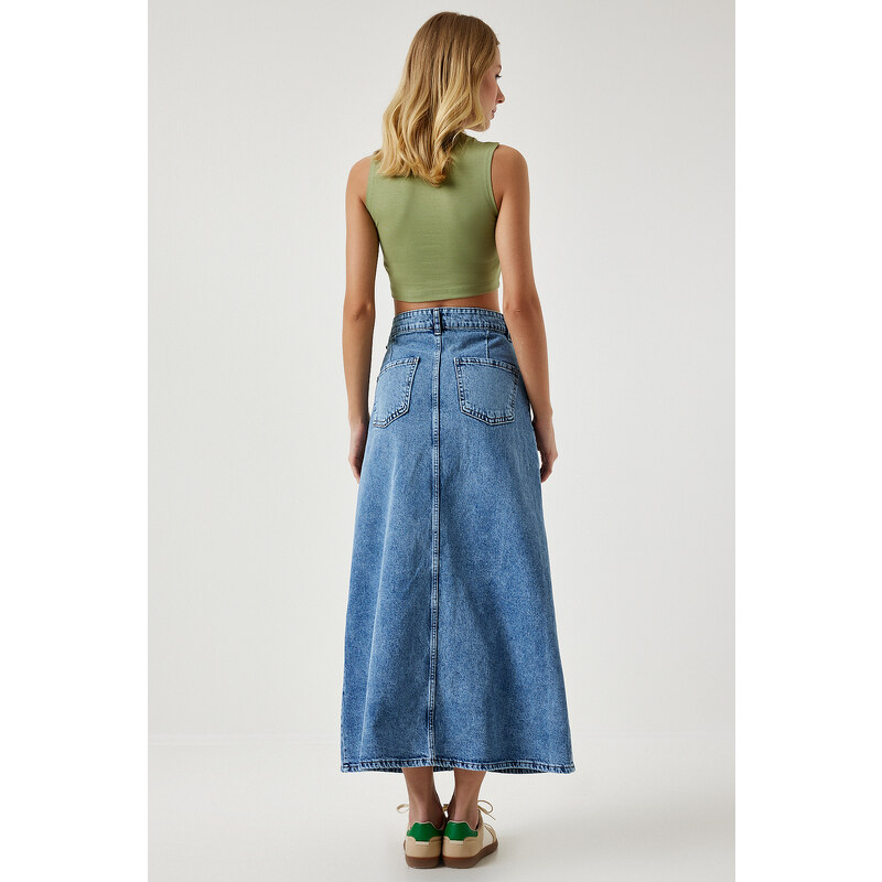 Happiness İstanbul Women's Light Blue Slit Long Denim Skirt