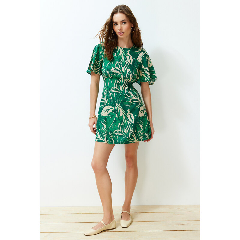 Trendyol Green Tropical Floral A-line Viscose Mini Woven Dress